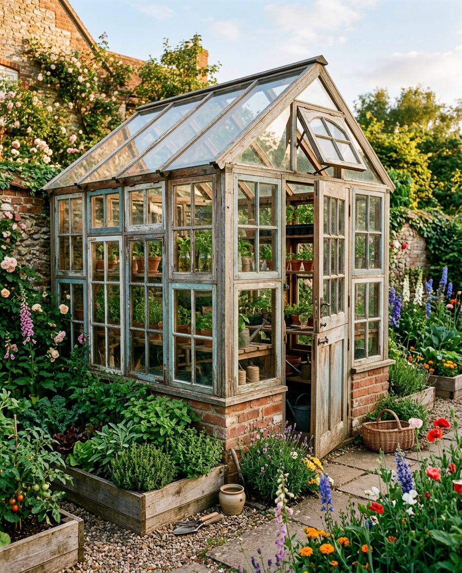 A Recycled-Window Greenhouse for a Cottage-Garden Look