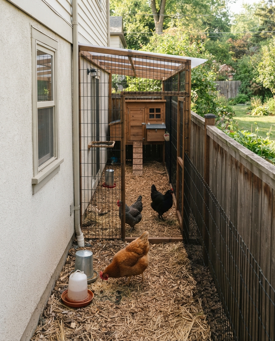 IMAGE PROMPT

Photorealistic long narrow chicken run built neatly along the side of a suburban home between the house and privacy fence, full-height predator-resistant mesh enclosure, partially covered roof, dry wood-chip floor, compact coop integrated at the far end, three hens moving comfortably through the space, main backyard visible beyond and left largely open, bright natural daylight, clean space-saving homestead aesthetic, vertical 4:5, no text or logos.